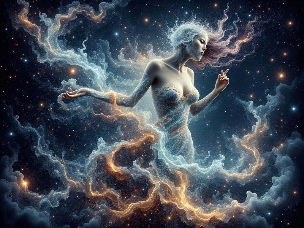 Ethereal Woman Emerges from Swirling Galaxy