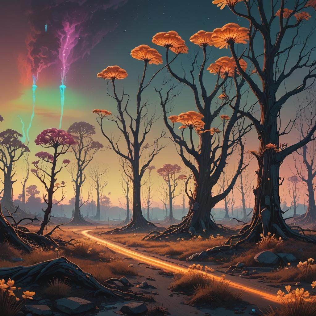 Surreal Bioluminescent Landscape in Vibrant, Shifting Colors