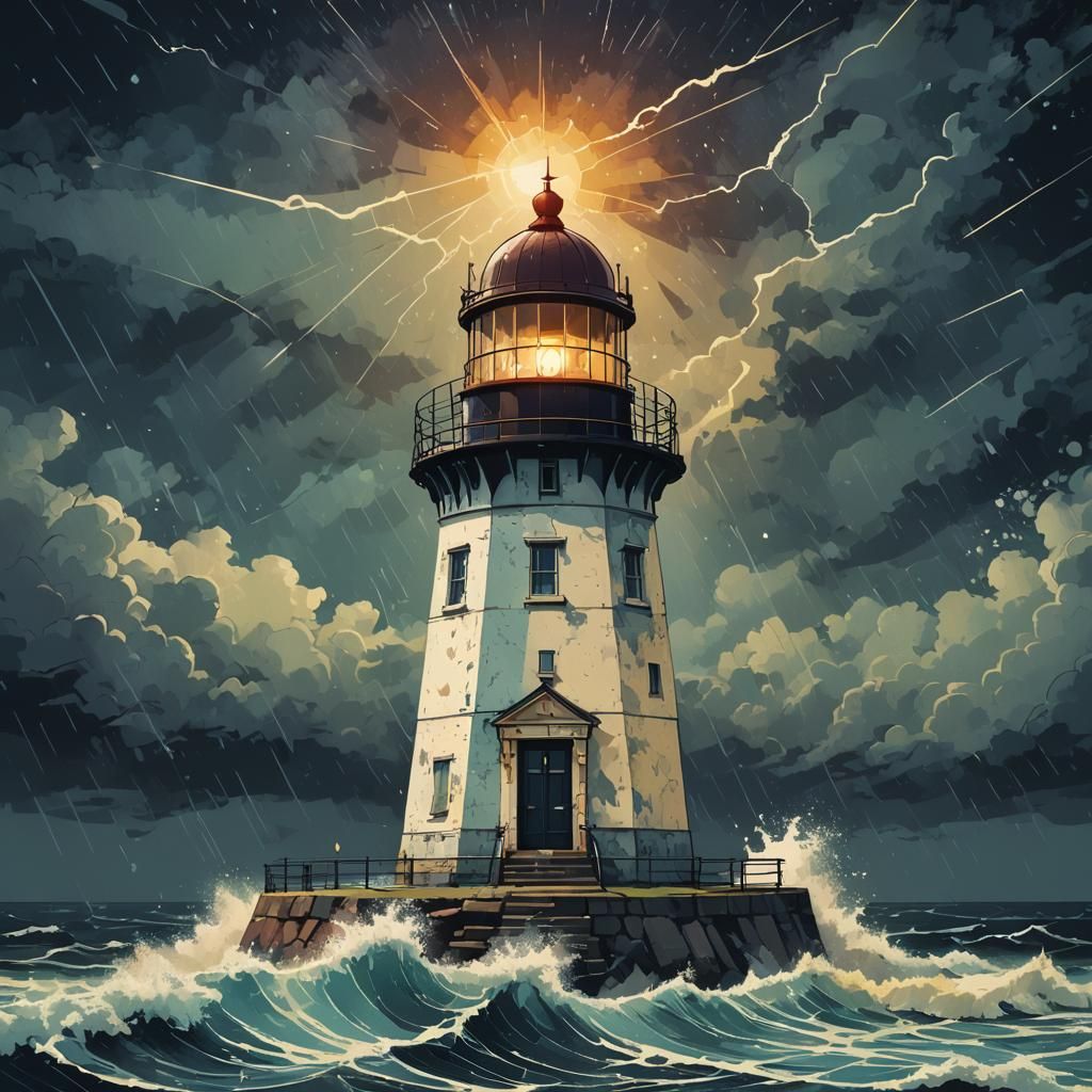 Stormy Night Lighthouse Scene in Vibrant Digital Art