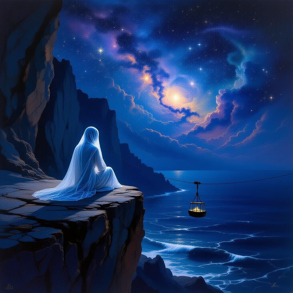 Starlight Figure Gazes at Nebula from Cliff Edge