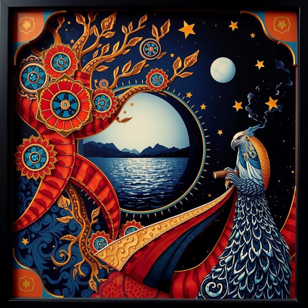 Old Eagle Smokes Italian Cigar in Neon-Lit Landscape