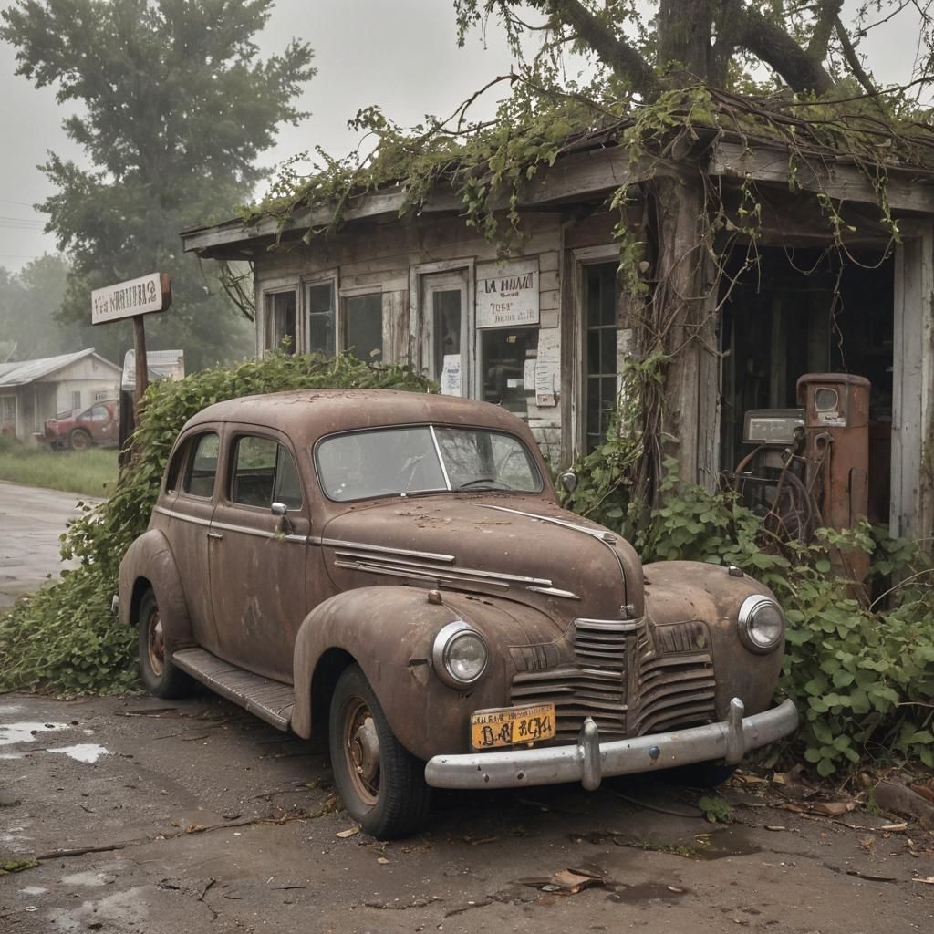 Abandoned Gasoline Shop with Vintage Car, Captured in Photor...