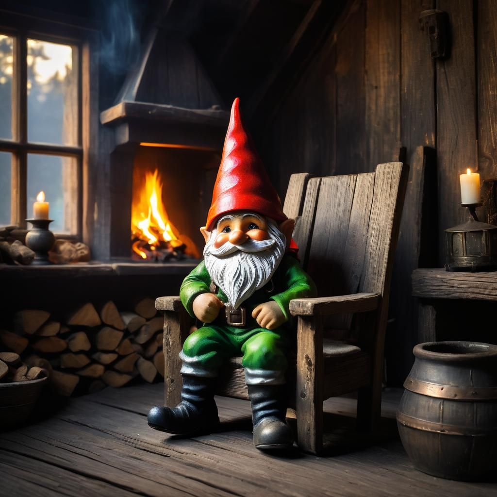 Gnome in Whimsical Woodland Lodge