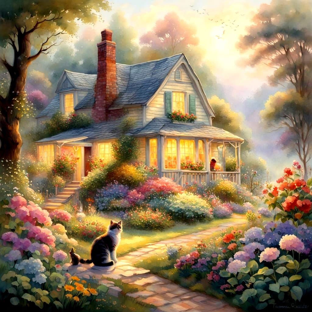 Whimsical Cottage Garden Scene in Ethereal Watercolor Style