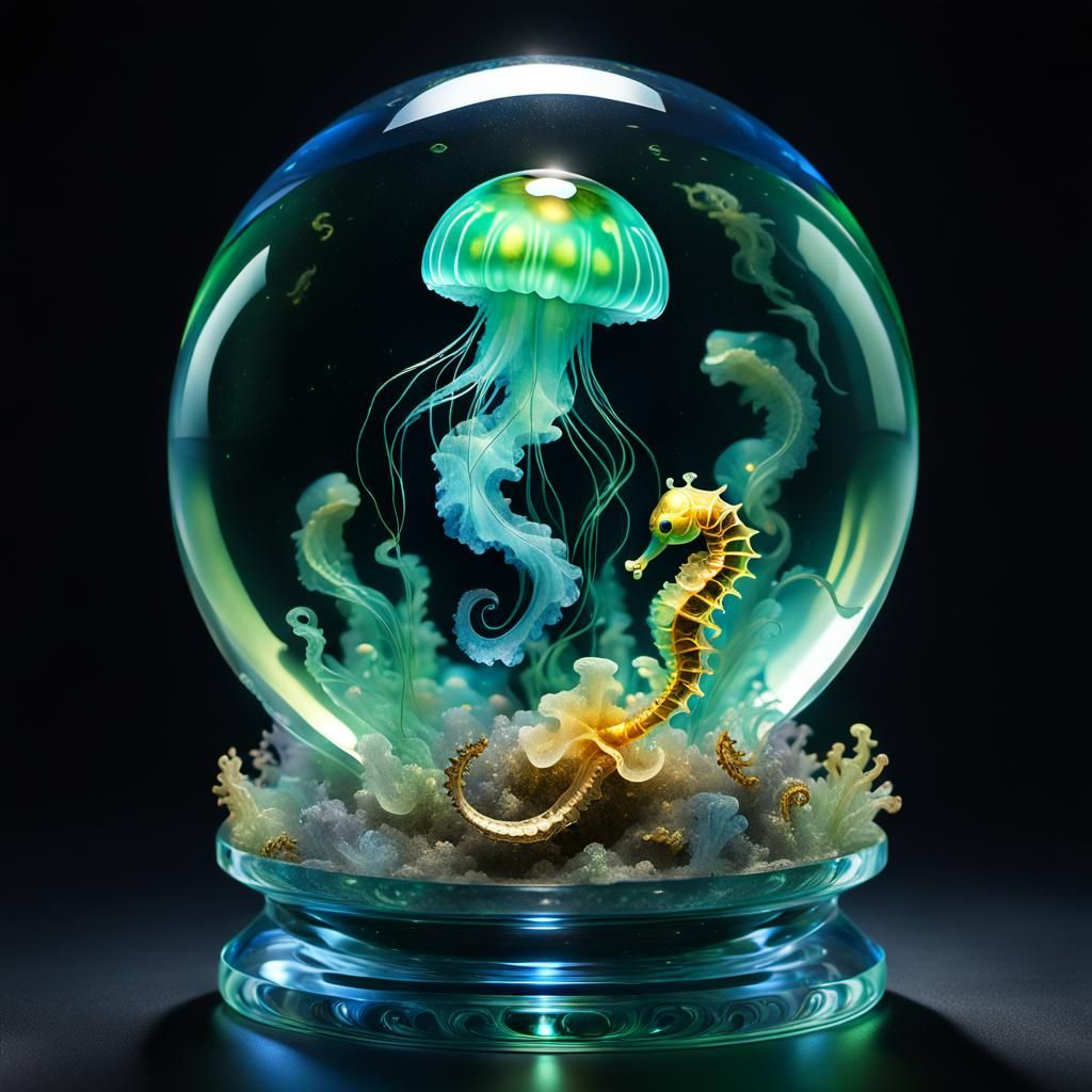 Luminescent Jellyfish in Crystal Ball Amidst Golden Accents