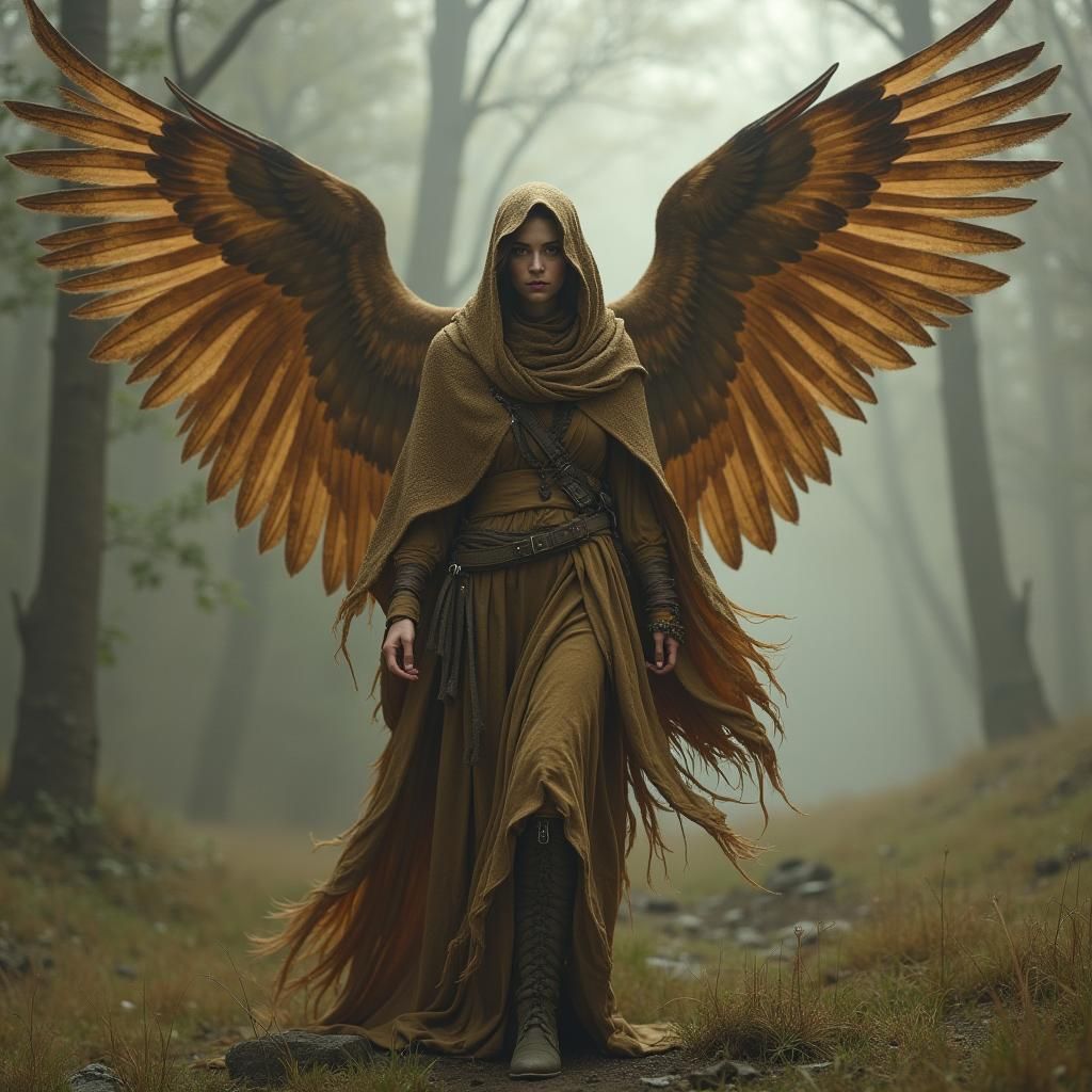 Dreamlike Forest Elf Maiden with Angelic Brown Bird Wings