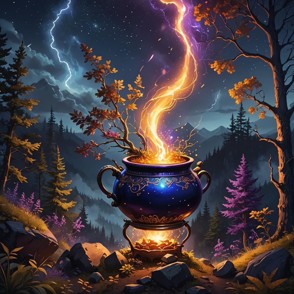 Whimsical Fantasy Scene with Magic Pot in Flight