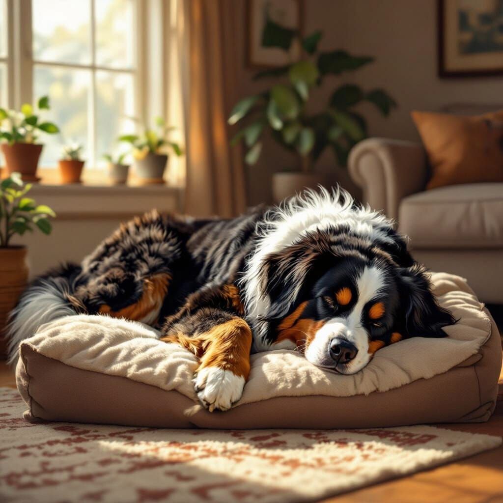 Fluffy Bernese Mountain Dog Sleeps Peacefully in Cozy Digita...