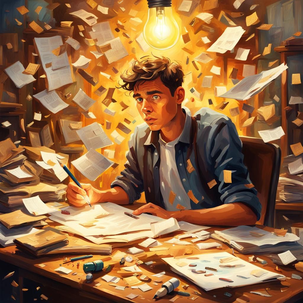 Young Man's Eureka Moment in Vibrant Oil Painting Style