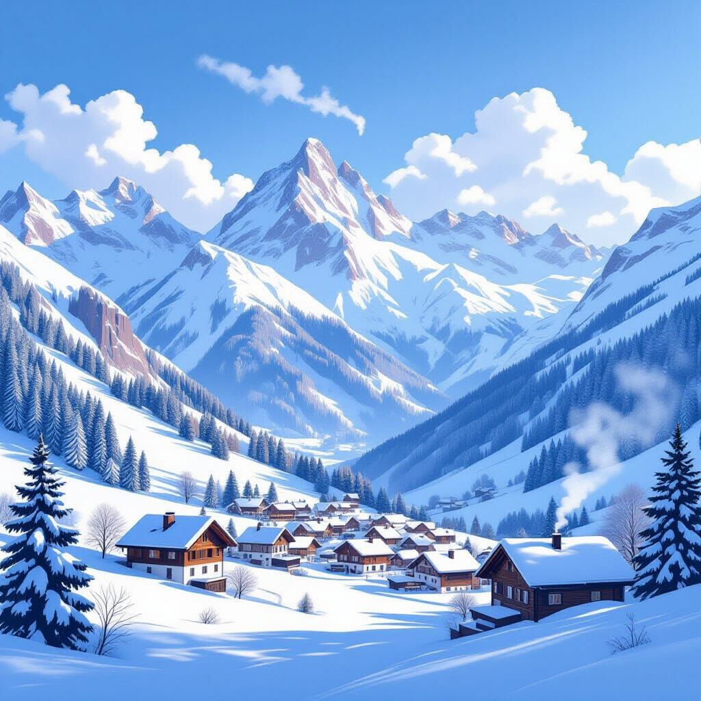 Swiss Alps Panorama: Charming Village Amidst Snow-Capped Pea...