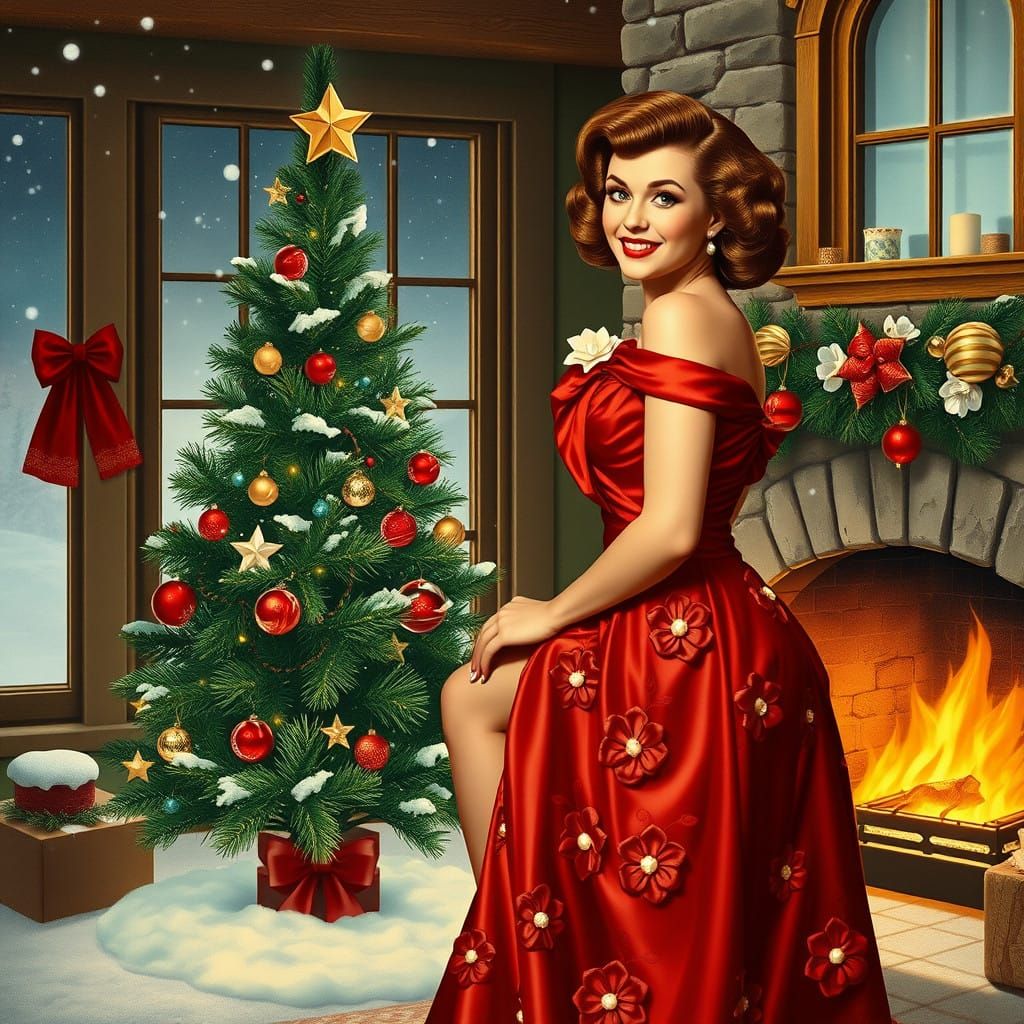 Vintage Pin-Up Girl in Festive Stage Delight