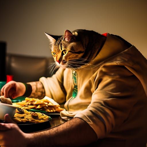 Large man in a Cat Costume Making Nachos