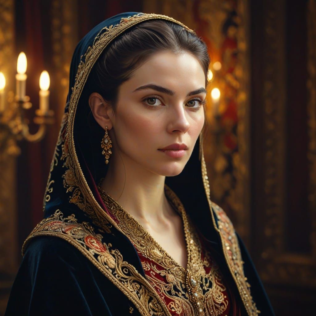 Elegant Woman in Velvet Cloak: Photorealistic Portrait