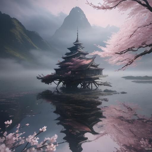 Mystical Anime Goddess Among Whirling Cherry Blossoms