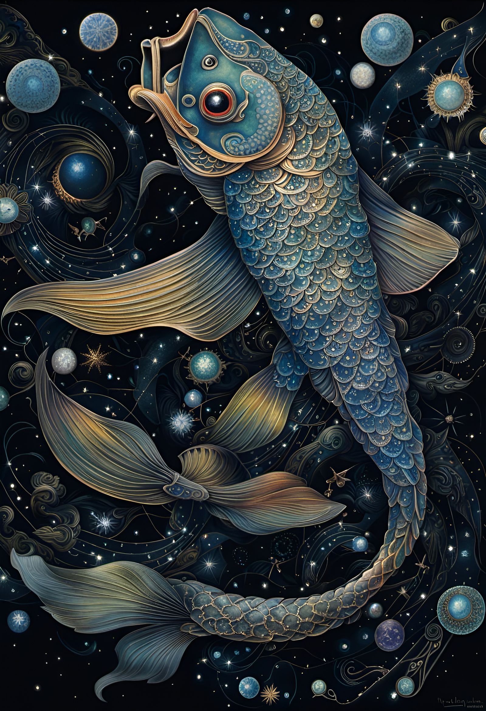 Celestial Koi Fish in Iridescent Filigree Style Art