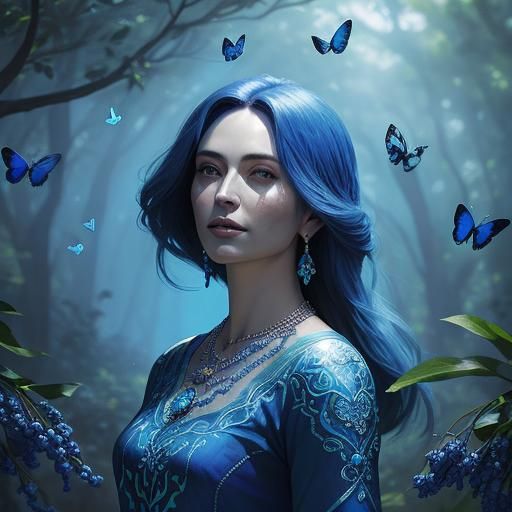 The Butterfly Lady in Hyperrealistic Blue Splash Art