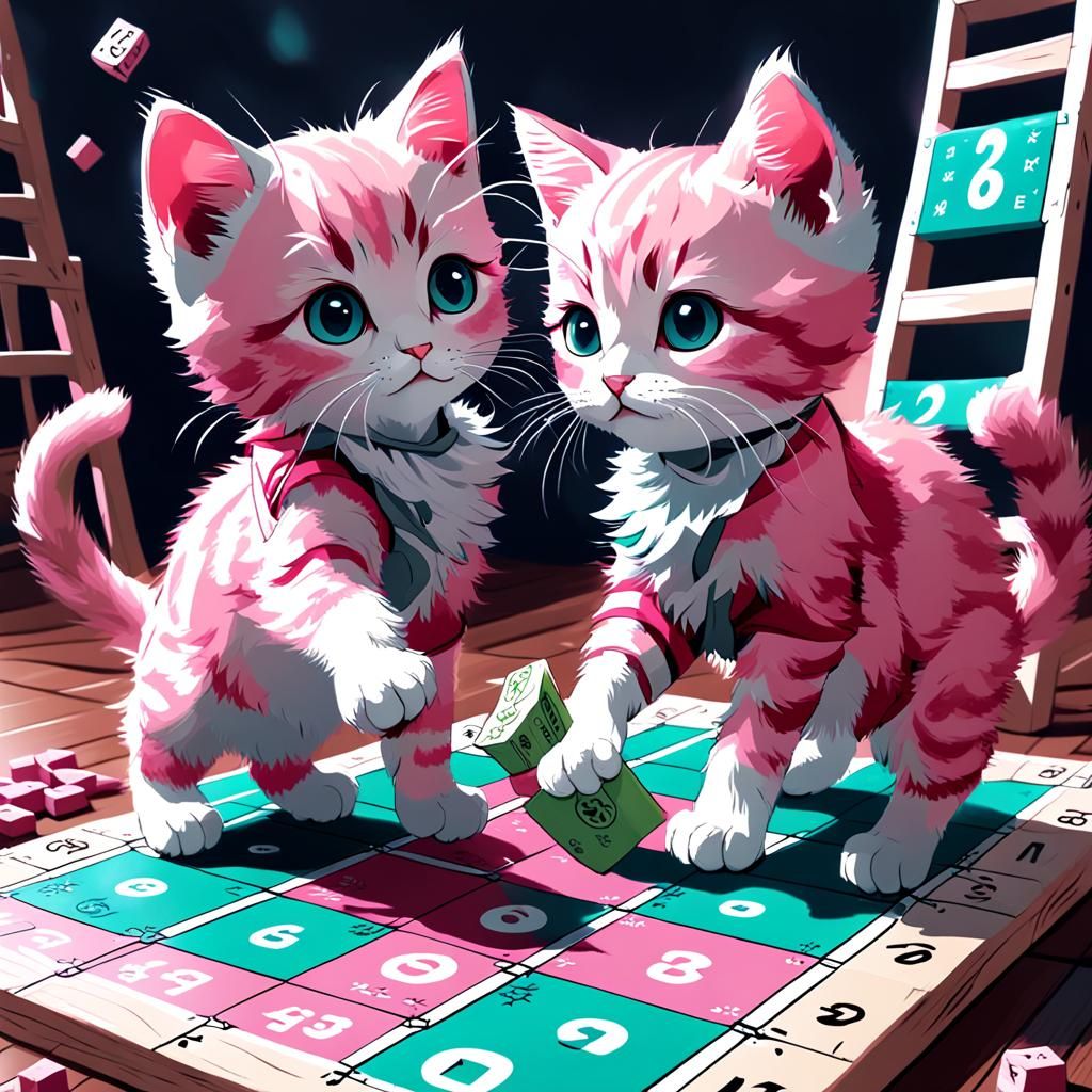 Two Adorable Pink Kitten Friends Enjoy a Game of Chutes and...