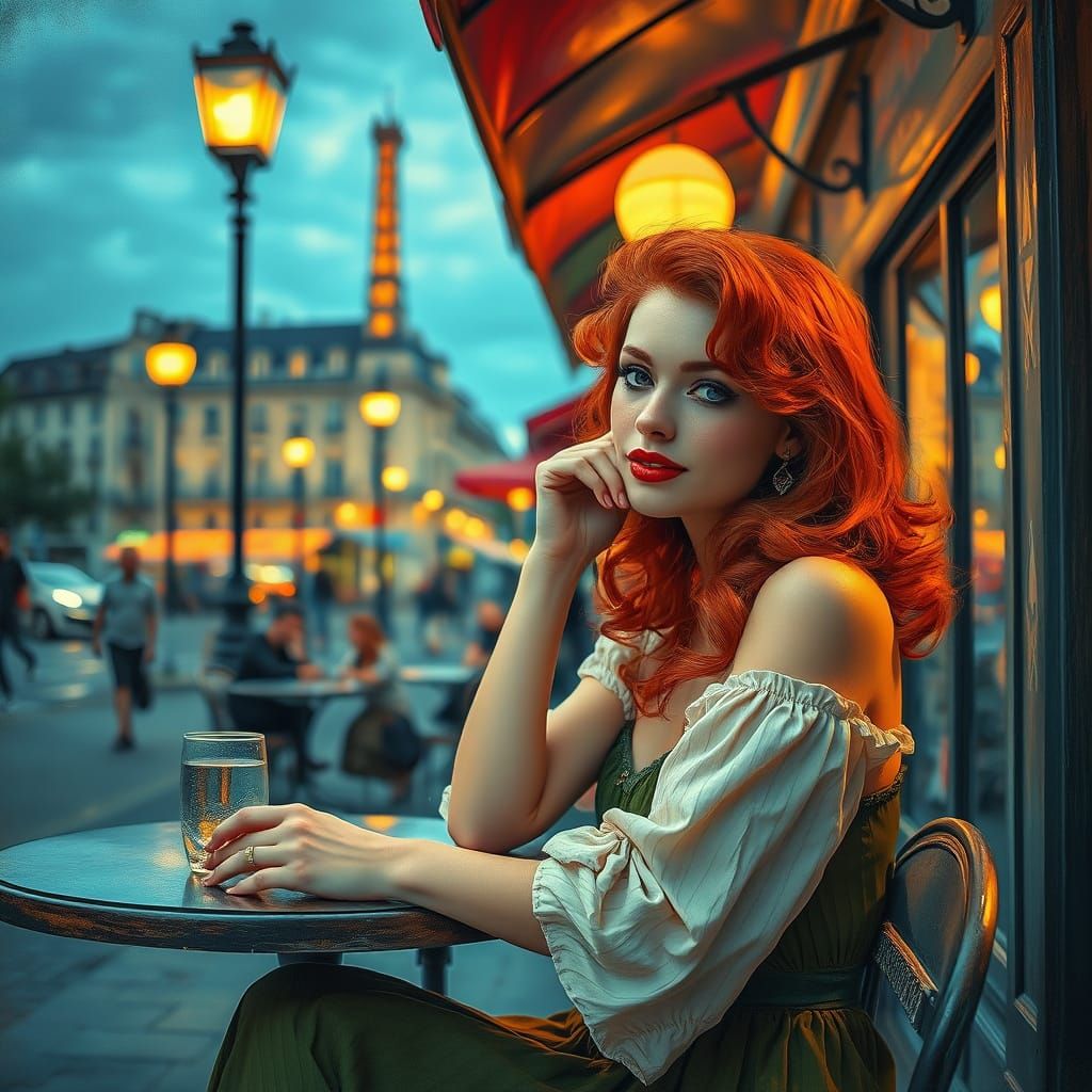 Redhead at Paris Cafe in Impasto K-Pop Style