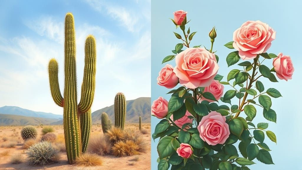 Desert Cacti vs. English Rose Garden Split Screen Art
