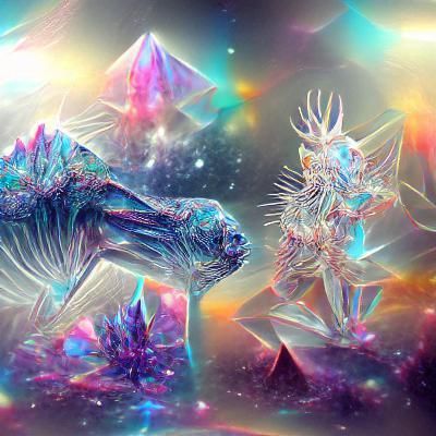 Cosmic Crystalline Beings in 8K Holographic Illustration