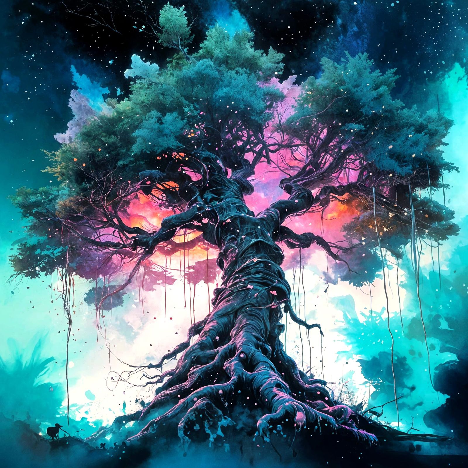 Ethereal Watercolour Tree in a Starry Night Sky