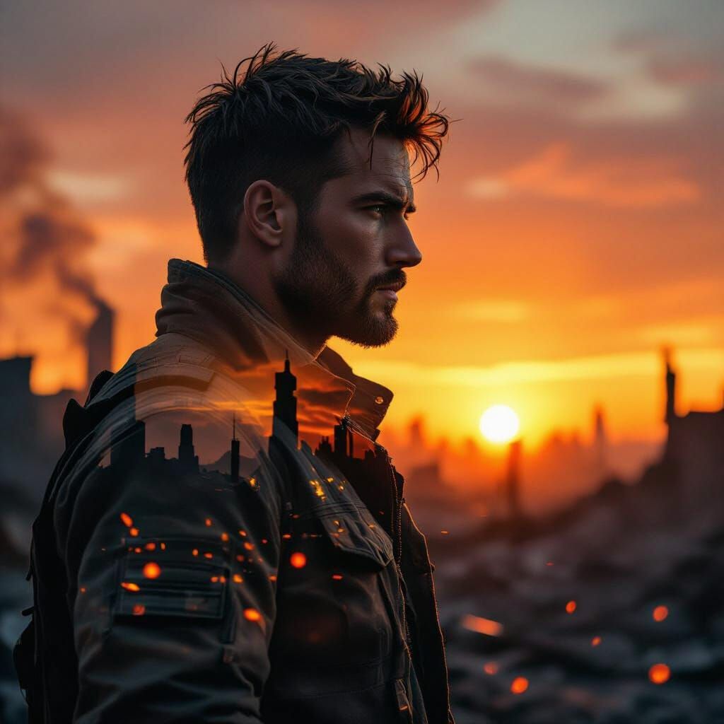 Man's Portrait Merges with Ruined City at Sunset
