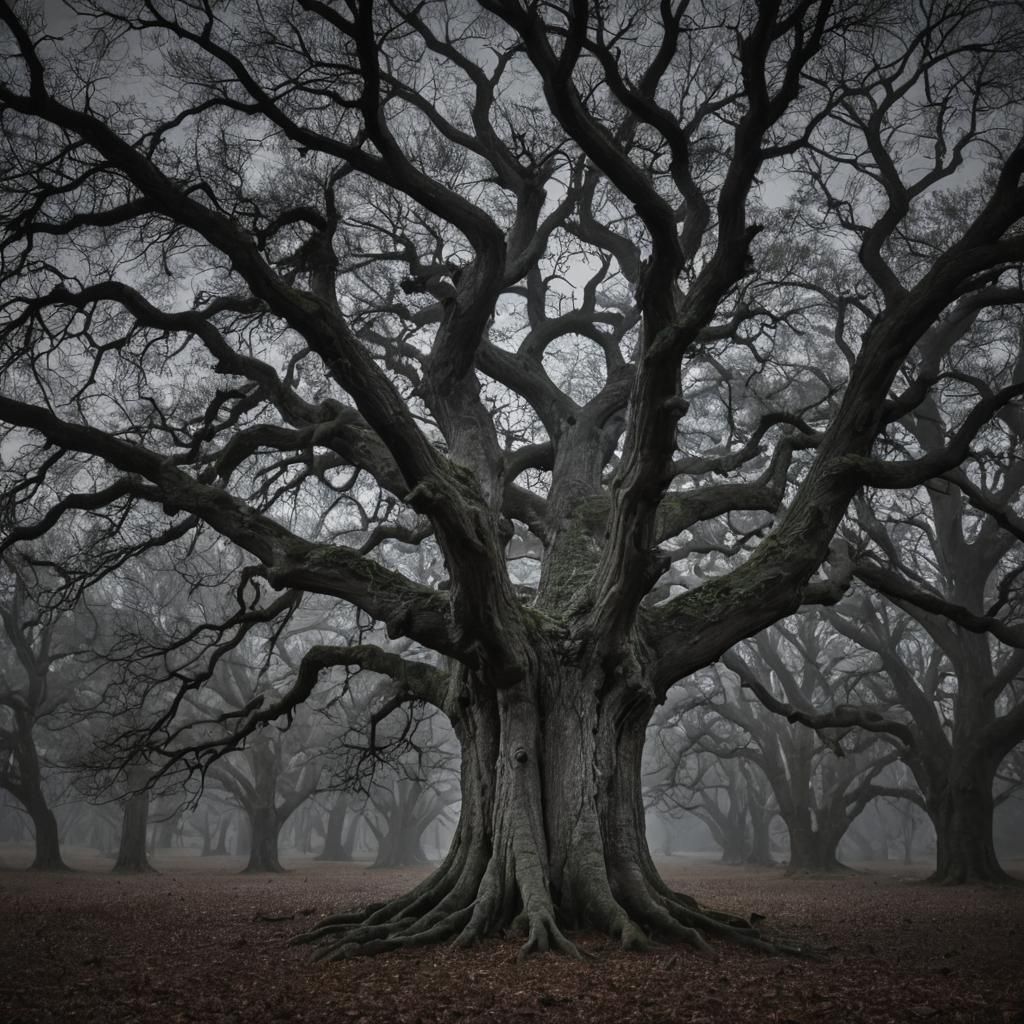 Ancient Mystical Oak in Moonlit Forest Glade