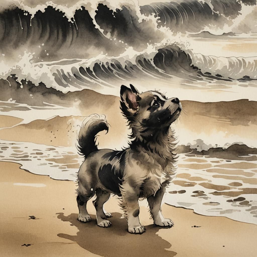 Surreal Beach Sunset with Barking Puppy