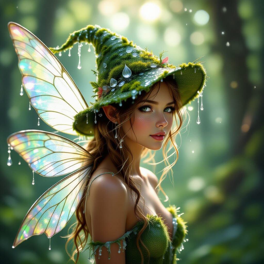 Magical Forest Fairy with Dewdrop Hat in Sunlight
