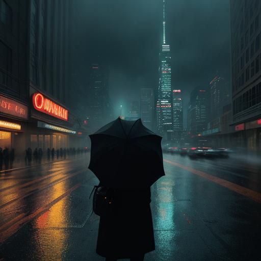 Cinematic Cityscape with Neon Lights and Rain-Soaked Skyscra...