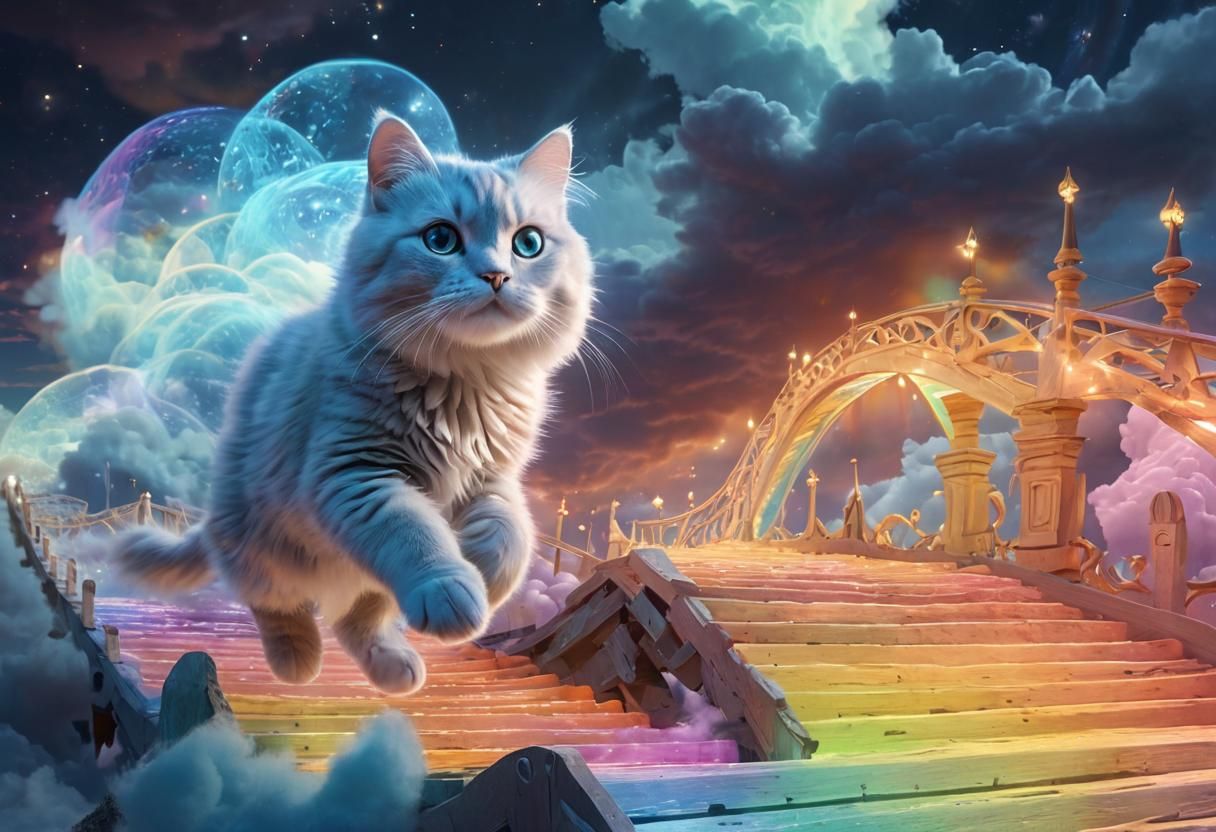 Transcendent Cat in Ethereal Flight Above Rainbow Bridge