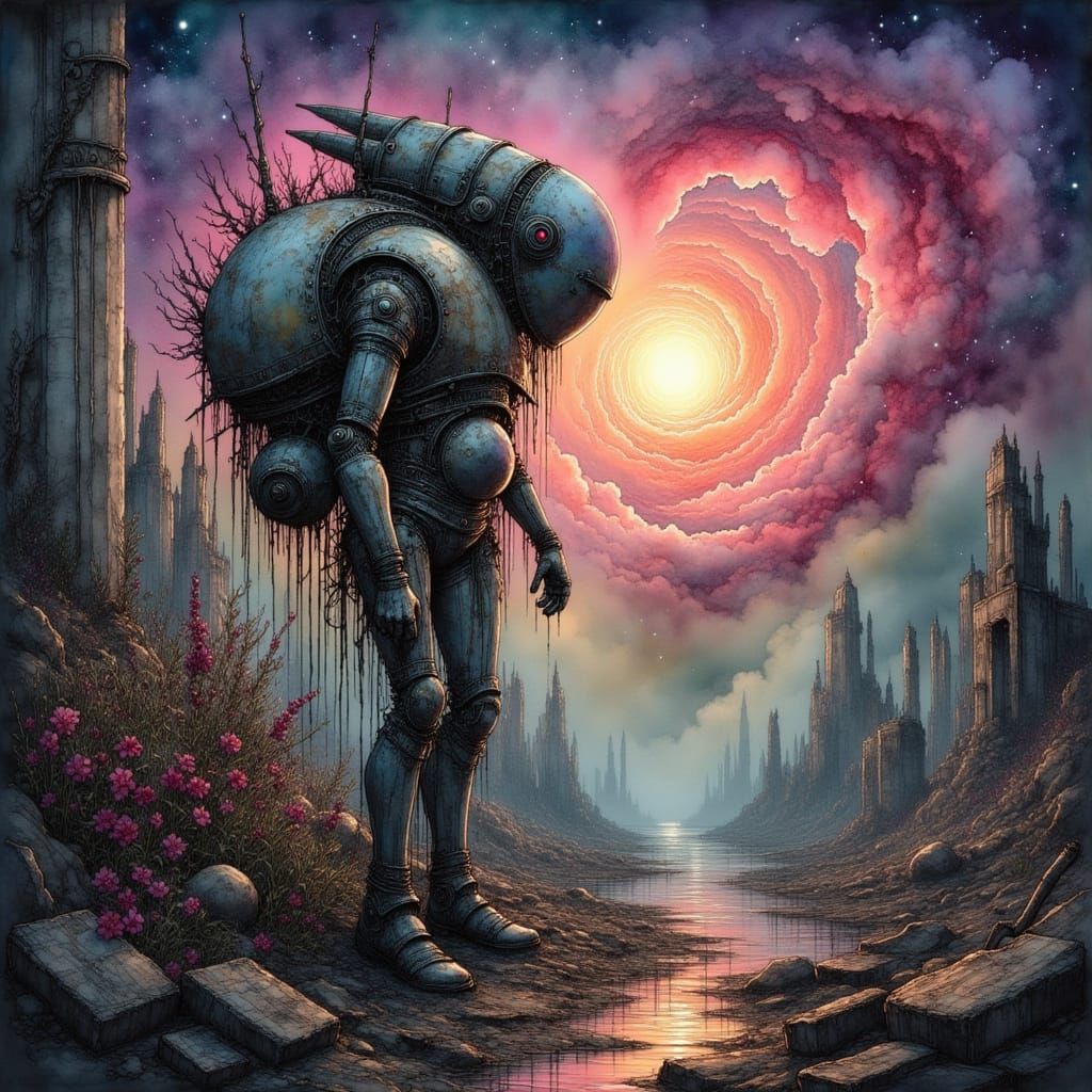 Automaton in Ruined City Amidst Nebula Sky