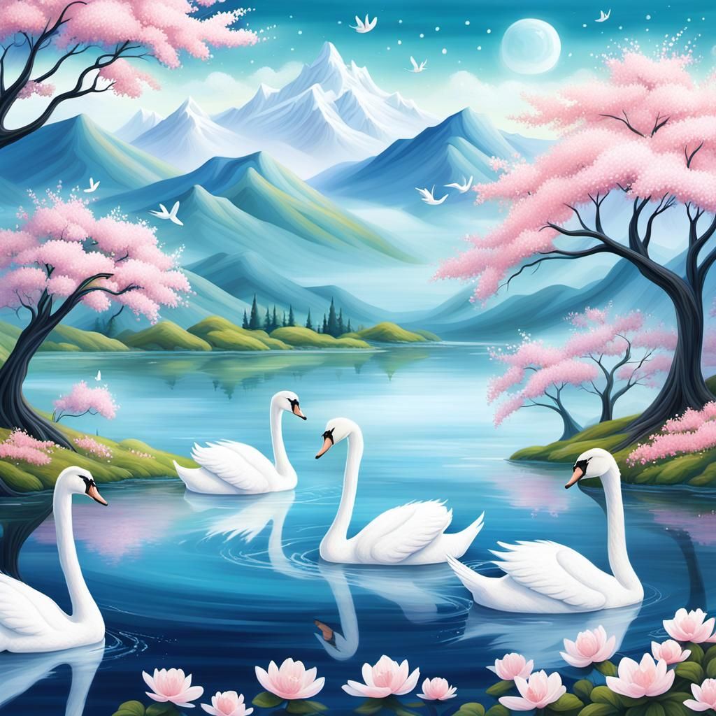 Serene Lake Scene with Majestic Mountains and Whimsical Cher...