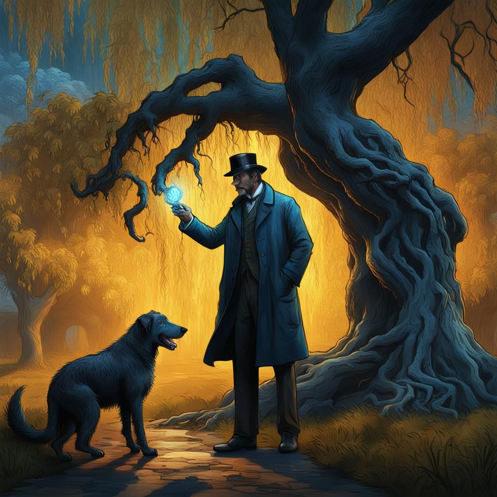 Sherlock Holmes Examines a Majestic Black Irish Wolfhound in...