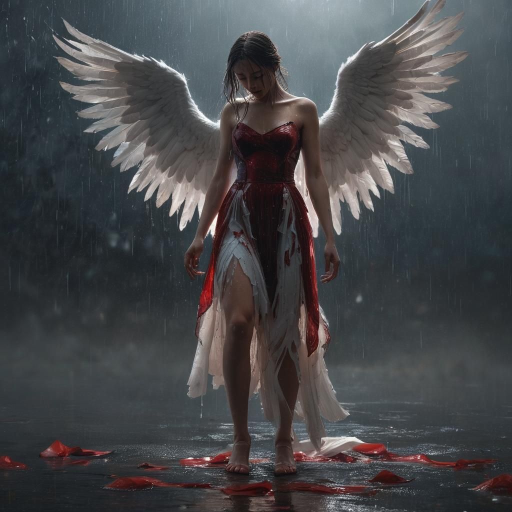 Mysterious Fallen Angel in Crimson Red, Illuminated by Golde...
