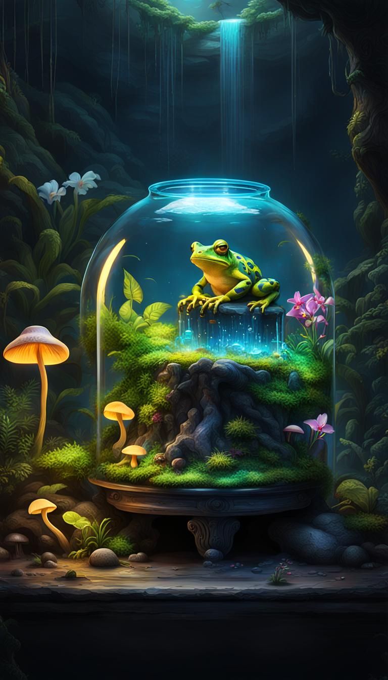 Ethereal Terrarium with Neon Frog and Jungle Plants in Deep...