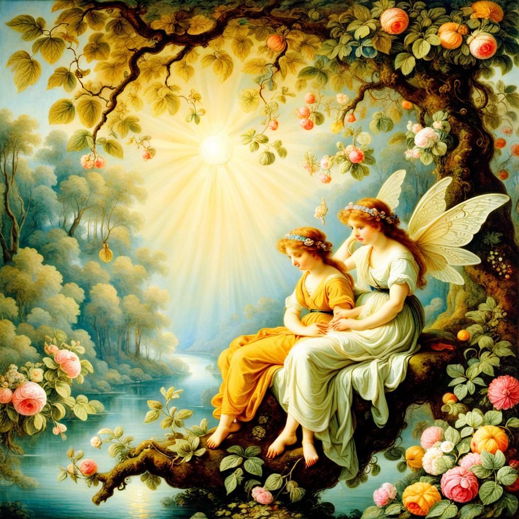 Enchanting Forest Fairies Amidst Sunlit Vines and Blooms