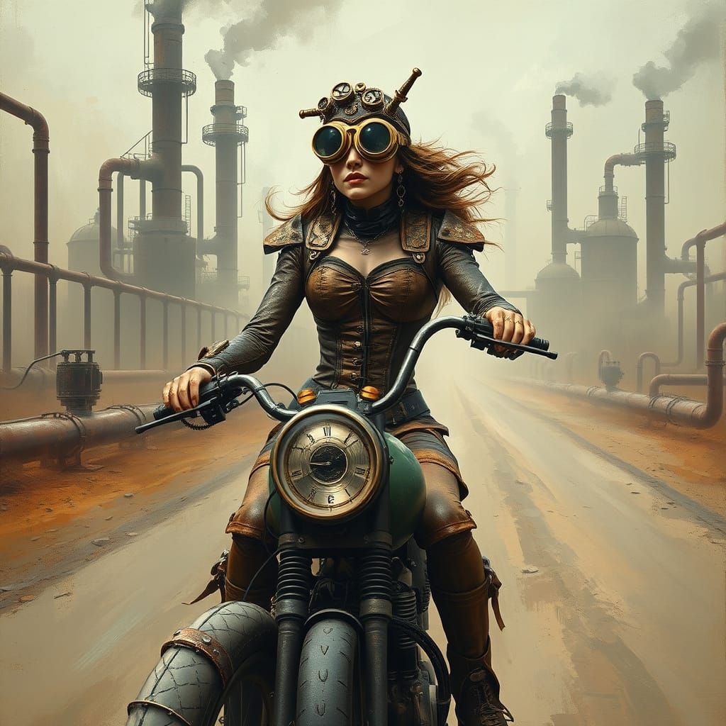 Steampunk Woman Rides Vintage Motorcycle Through Industrial ...