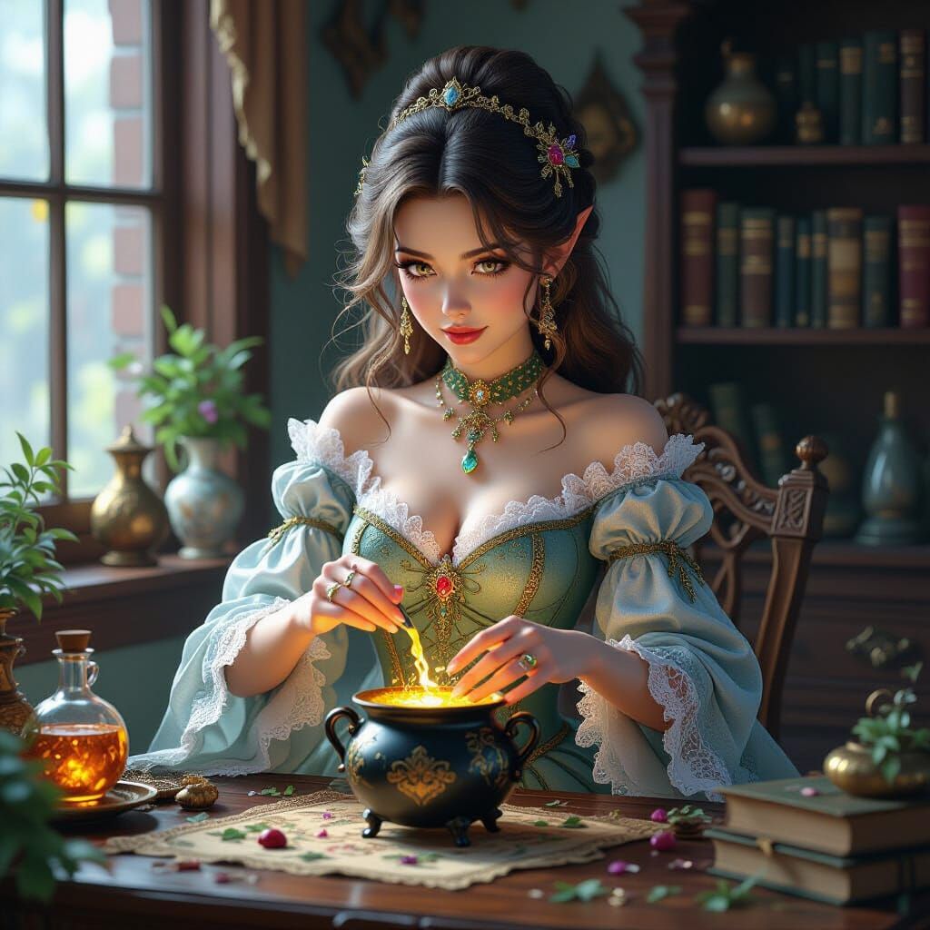 Elf Witch Brewing Potion in Victorian Style
