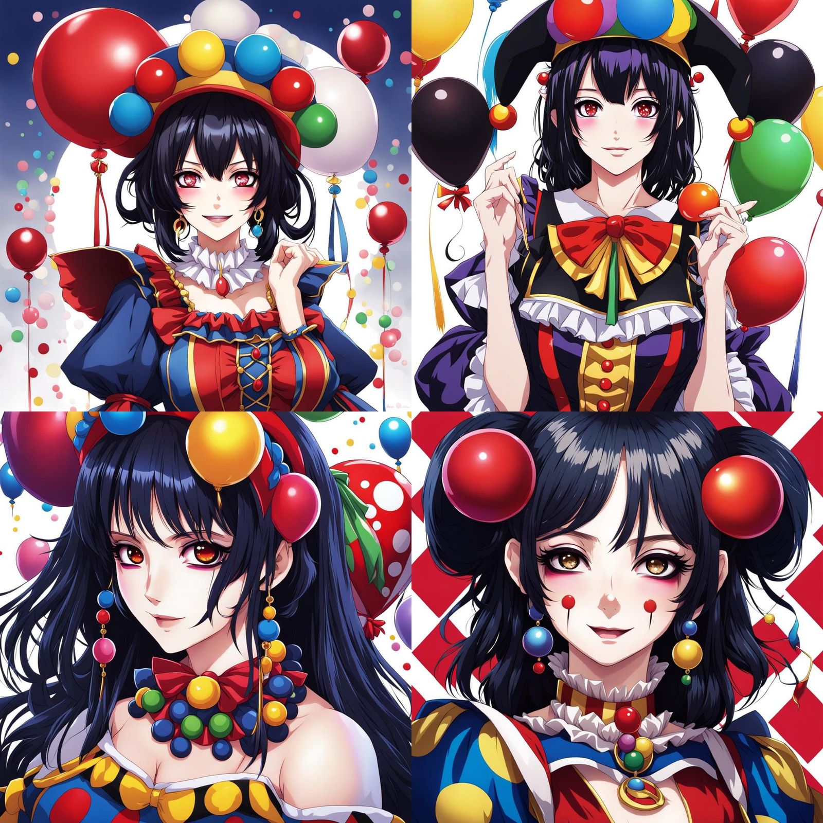 Anime Jester Girl with Black Hair and Clown Makeup