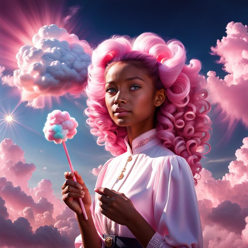 Enchanting Young Girl with Pink Cotton Candy Clouds in Magic...