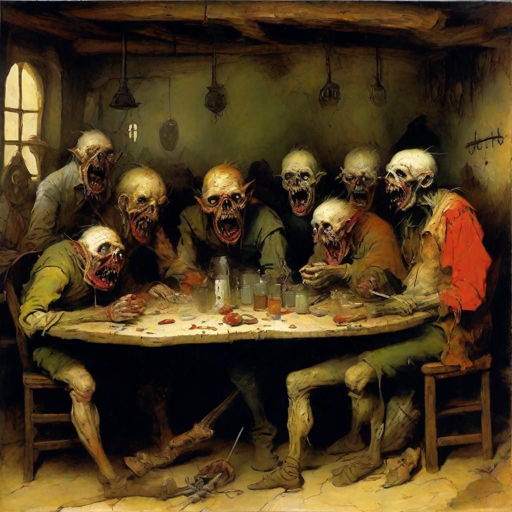 Warriors in Grimdark Tavern Scene, Chaos and Decay