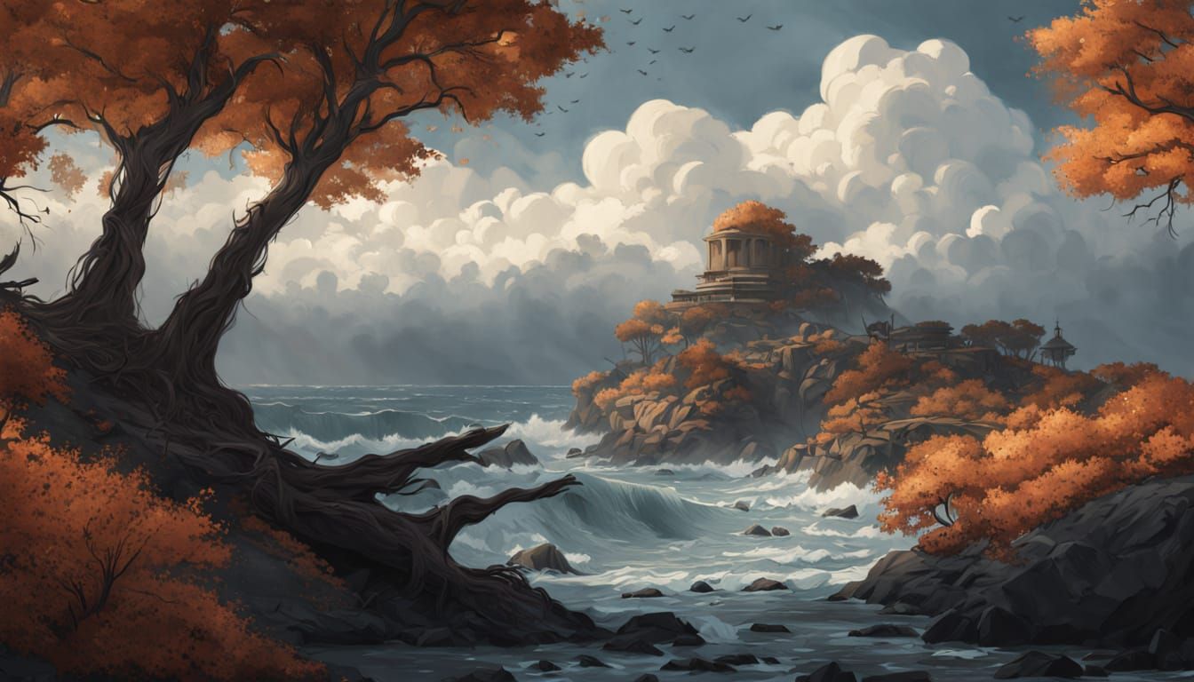 Silhouetted Trees Bend Over Stormy Sea in Concept Art