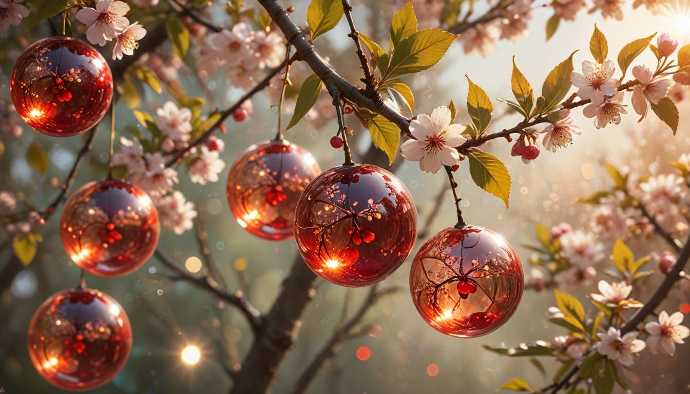Surreal Cherry Tree Blooms with Glowing Glass Spheres in Whi...