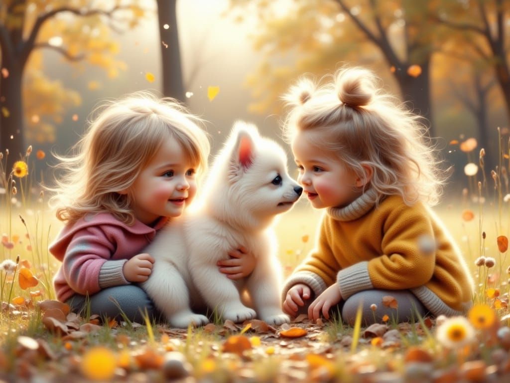 Whimsical Watercolor Scene of Joyful Playtime with Cuddly Pu...