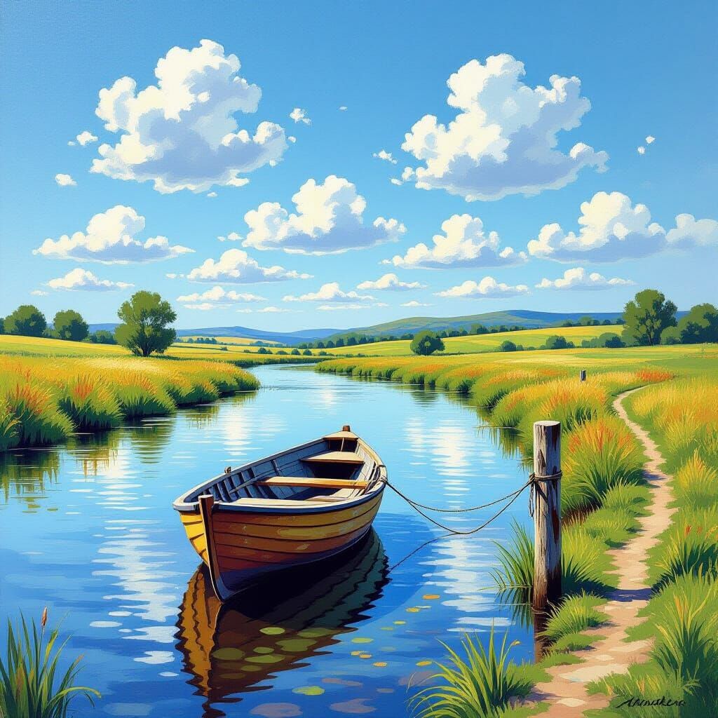 Impressionistic River Scene with Sun-Dappled Meadow