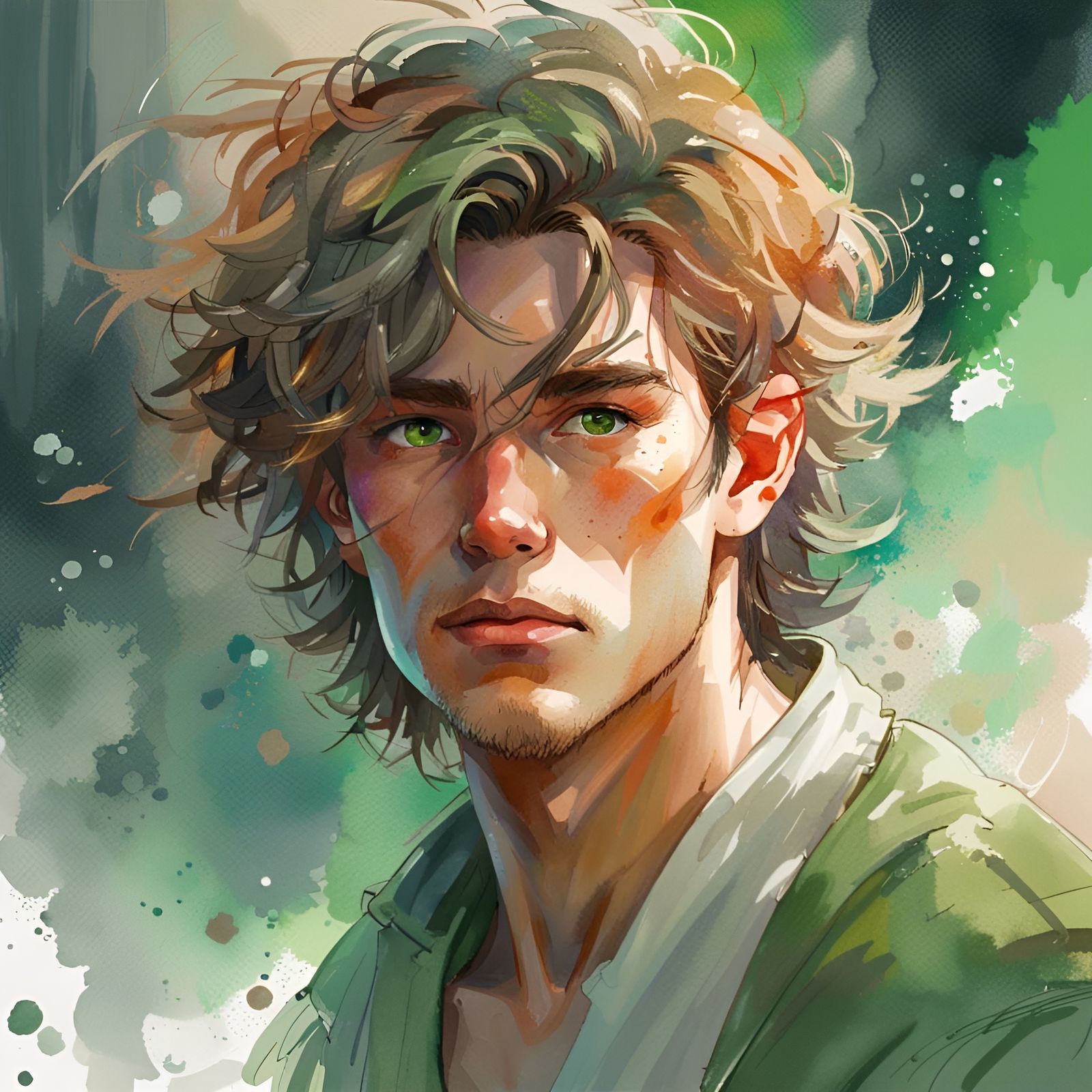 Portrait of Handsome Man with Vibrant Green Eyes and Intrica...