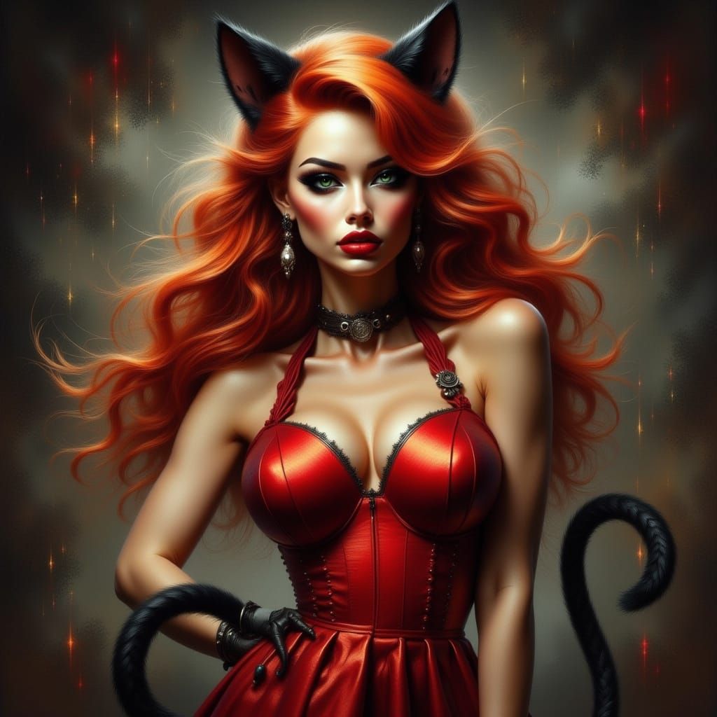 Fierce Feline Pinup in Red Dress