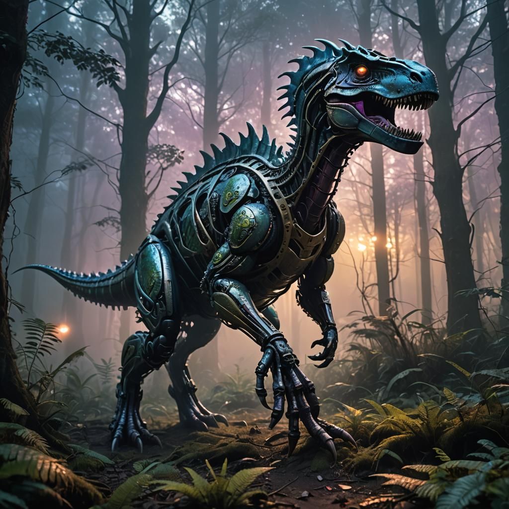 Metal Dinosaur Unleashed in Neon-Drenched Forest