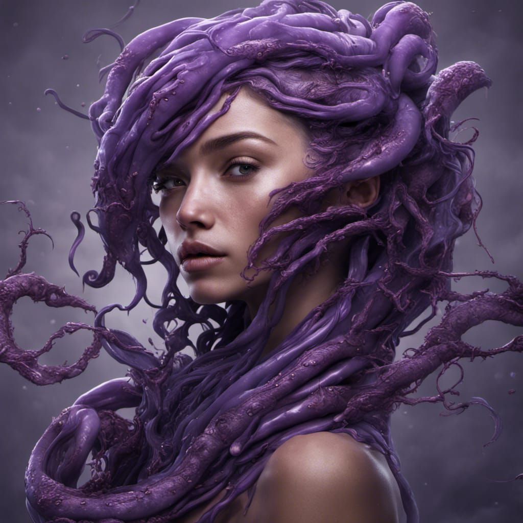 A Dark Fantasy Portrait with an Ink-Spewing Purple Worm